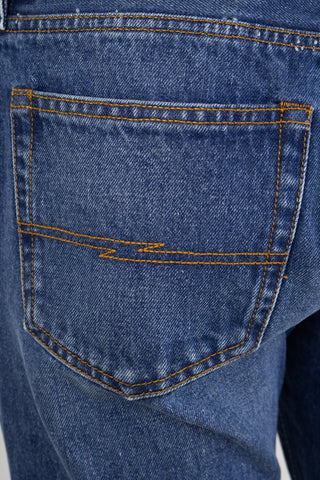 Close-up of Barbanera Bandito cloud blue jeans back pocket with iconic embroidery and detailing
