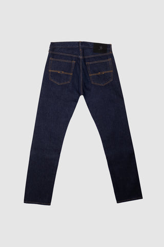 Back view of the Barbanera Bandito dark rinsed jeans showcasing rear pocket design, branded leather patch on the waistband, and traditional five-pocket styling.