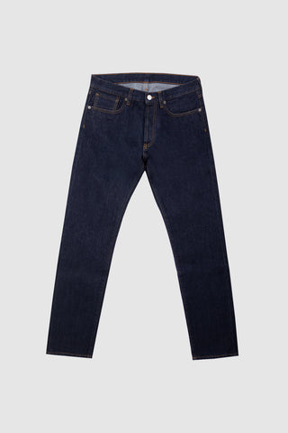 Front view of Barbanera Bandito dark rinsed jeans, showcasing a slim fit silhouette in deep indigo denim with classic five-pocket styling and visible stitching details.
