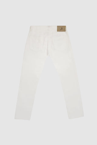 Back view of the Barbanera Bandito jeans in off-white denim, featuring rear patch pockets and a branded leather patch on the waistband.