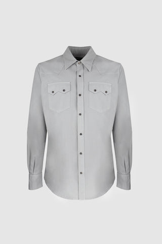 Front view of the Barbanera Carlito ash western shirt, featuring classic western yoke detailing, horn snap buttons, and long sleeves.