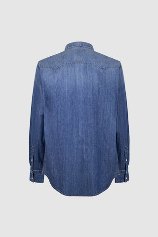 Back view of the Barbanera Carlito cloud blue denim shirt, showing its Western-style yoke and fit.