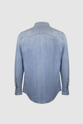 Back view of the Barbanera Carlito light blue denim shirt, showing the yoke, seams, and washed denim fabric texture.
