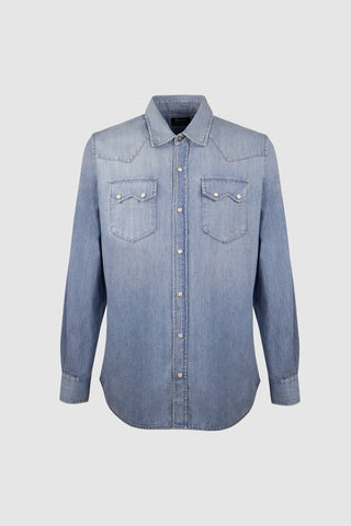 Front view of the Barbanera Carlito light blue denim shirt featuring a Western-style design, snap buttons, and flap chest pockets.