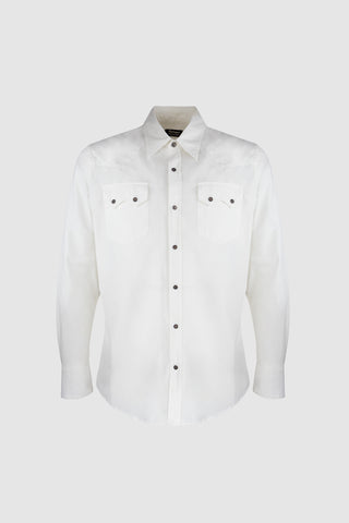 Front view of the Barbanera Carlito western shirt in off-white, featuring classic western yoke detailing, horn snap buttons, and long sleeves.