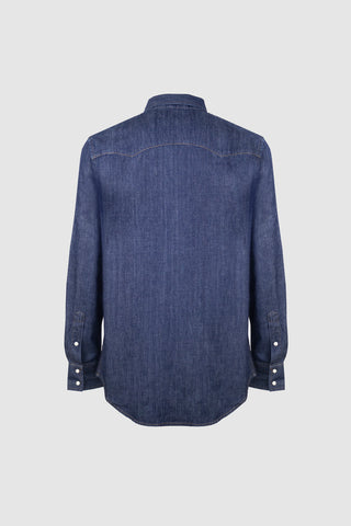 Back view of the Barbanera Carlito raw denim shirt showcasing its clean seam lines, tailored fit, and classic denim texture.