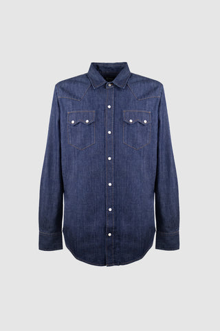 Front view of Barbanera Carlito raw denim shirt featuring a classic button-up design and rugged texture