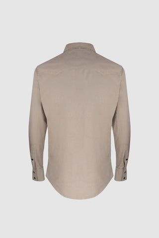 Back view of the Barbanera Clint sand western shirt, showing the western yoke, slim fit, and sandy beige fabric with clean stitching details.