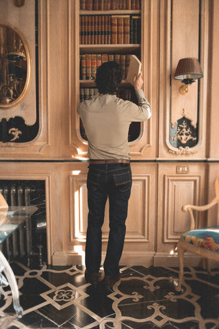 Lifestyle angled back view of the Barbanera Clint sand western shirt  showing the shirt’s slim fit, western yoke details, and sandy beige color.