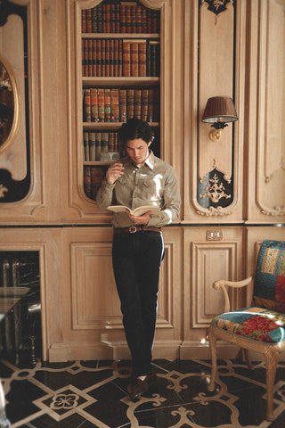 Lifestyle front view of the Barbanera Clint sand western shirt showing the sandy beige fabric, western yoke, and snap button details.