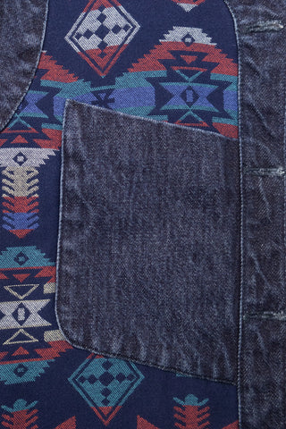 Close-up view of the Barbanera Dane deep blue denim vest’s internal pocket, highlighting the quality stitching, raw denim texture, and sturdy pocket construction.