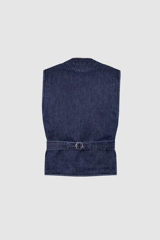 Back view of the Barbanera Dane deep blue denim vest, showcasing its clean design, seam details, and adjustable back regulator.