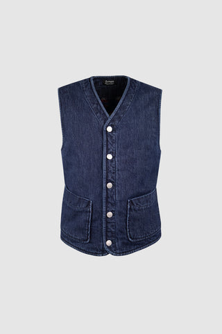 Front view of the Barbanera Dane deep blue denim vest, featuring classic button closures, chest pockets with flaps, and a rugged denim texture.