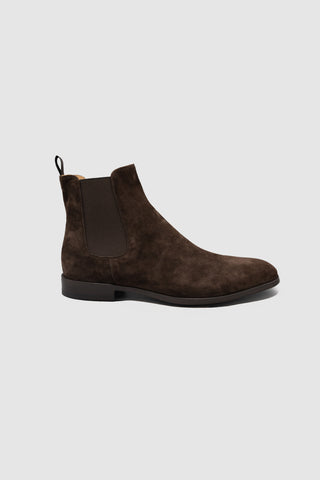 Side profile of Barbanera Del Dongo brown Chelsea boots in soft suede with elastic side panel.
