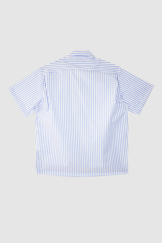 Back view of the Barbanera Earl bowling shirt in light blue with white stripes, showing the relaxed fit and smooth fabric drape.