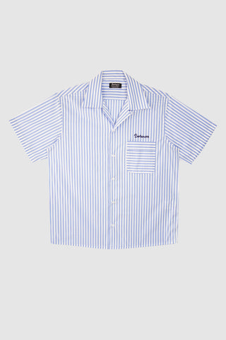 Front view of the Barbanera Earl bowling shirt in light blue with white stripes, featuring a relaxed fit, camp collar, and front chest pockets.
