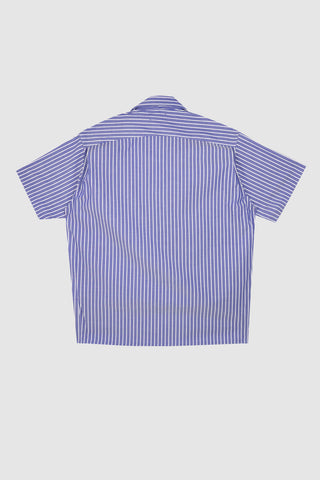 Back view of the Barbanera Earl bowling shirt in navy blue with white stripes, showing the relaxed fit and smooth drape of the fabric.