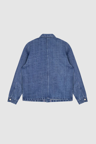 Back view of the Barbanera Fallen Cloud blue jacket, showcasing the clean tailoring, structured shoulders, and minimal seam detailing.