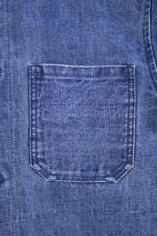 Close-up of the front pocket on the Barbanera Fallen Cloud blue jacket, showing the flap construction, stitching, and fabric texture.