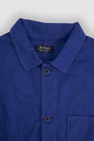 Close-up of the collar on the Barbanera Fallen cobalt blue jacket, showing the fabric texture, stitching details, and structured shape.