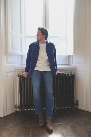 Lifestyle front view of the Barbanera Fallen cobalt blue jacket showcasing its vibrant color, button front closure, and regular fit.