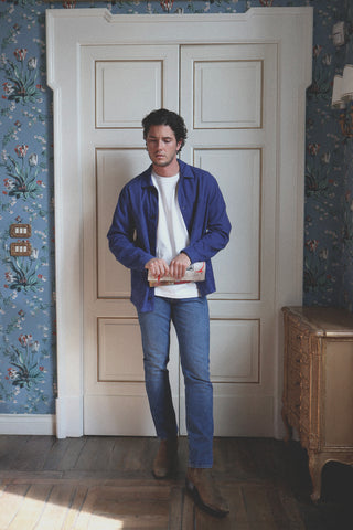 Lifestyle view of the Barbanera Fallen cobalt blue jacket highlighting the vibrant blue color, regular fit, and classic design details.