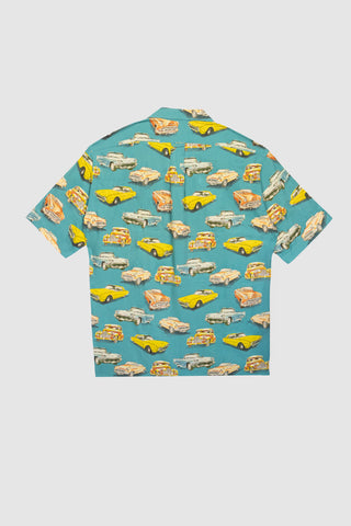 Back view of the Barbanera HTS bowling shirt featuring an all-over vintage cars pattern, relaxed silhouette, and short sleeves.