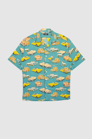 Front view of the Barbanera HTS bowling shirt featuring a colorful vintage cars pattern, short sleeves, and a relaxed camp-collar design.