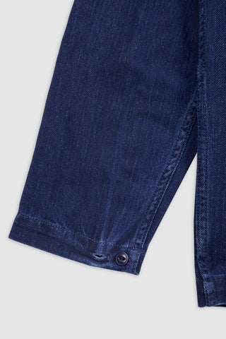 Close-up view of the cuff detail on the Barbanera Jericho rinsed blue overshirt, highlighting the button, stitching, and fabric texture.