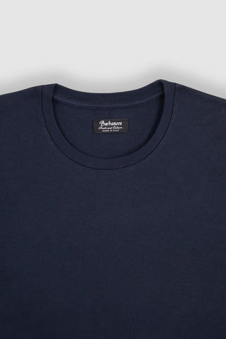 Close-up detail of the Barbanera Lewis blue navy tee, highlighting the fabric texture, stitching, and crew neckline.