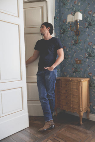 Lifestyle front view of the Barbanera Lewis blue navy t-shirt highlighting the deep navy color, regular fit, and crew neckline.