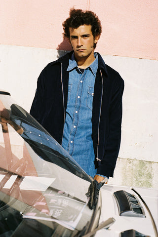 Lifestyle front view of the Barbanera Linus heritage blue corduroy jacket, highlighting its vintage-inspired design and textured fabric.