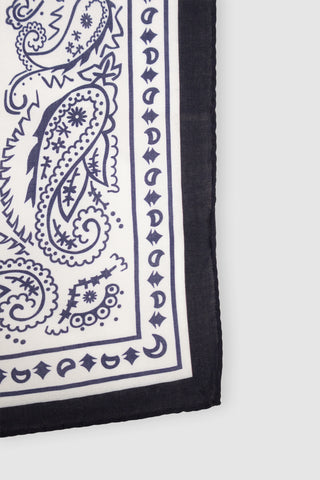 Close-up of the Barbanera Lorelei navy blue bandana fabric, highlighting the intricate print and detailed pattern work.