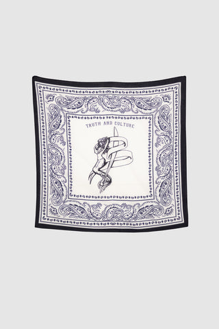 Front view of the Barbanera Lorelei bandana featuring a vibrant navy blue print with a detailed mermaid graphic, made from lightweight fabric.