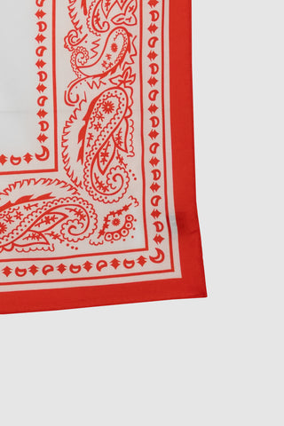 Close-up of the Barbanera Lorelei red bandana, highlighting the intricate print and detailed pattern work.