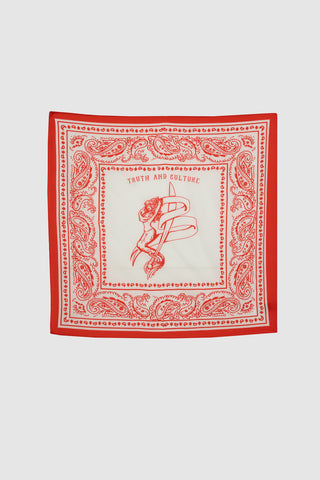 Front view of the Barbanera Lorelei bandana featuring a vibrant red print with a detailed mermaid graphic, made from lightweight fabric.