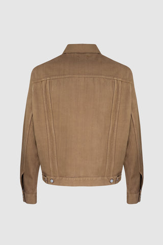 Back view of the Barbanera Neil camel selvedge denim jacket, showing the clean panel design, structured shoulders, and subtle stitching details.