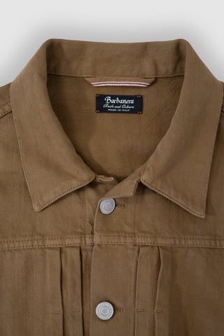 Close-up of the collar on the Barbanera Neil camel selvedge denim jacket, showing the structured shape, topstitching, and texture of the selvedge denim fabric.