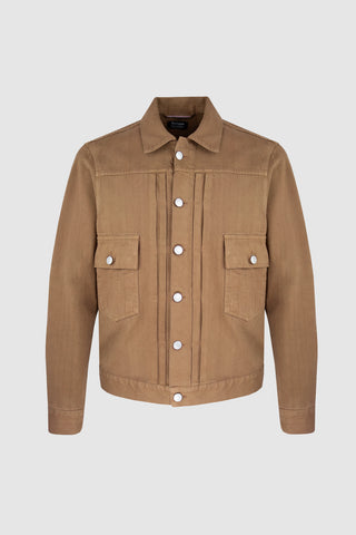 Front view of the Barbanera Neil camel selvedge denim jacket, featuring a structured fit, metal buttons, and classic pocket detailing in a warm camel hue.