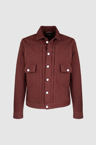 Front view of the Barbanera Neil jacket in dark red selvedge denim, featuring a structured fit, flap chest pockets, and metal button closures.