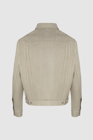 Back view of the Barbanera Neil sand selvedge denim jacket, highlighting the light sandy denim fabric, clean stitching, and back adjuster details.