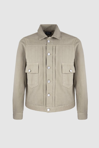 Front view of the Barbanera Neil sand selvedge denim jacket, showcasing its light sandy color, button closure, chest pockets, and structured collar.