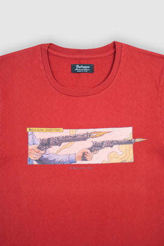 Close-up of the bold graphic print on the chest of the Barbanera Shoot Fast red T-shirt, showing vibrant colors and detailed design.