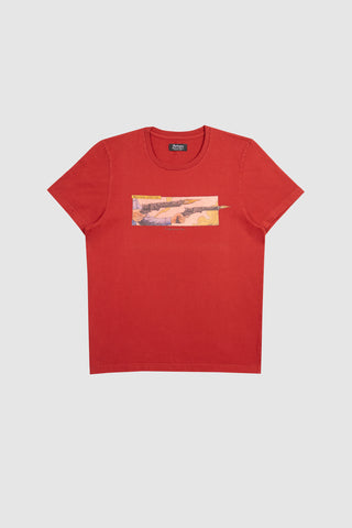 Front view of the Barbanera Shoot Fast T-shirt in red, featuring a bold graphic print on the chest and a classic crew neck design.