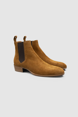 Barbanera Stendhal Chelsea boots in tobacco suede with elastic side panels and stacked heel, angled front view.
