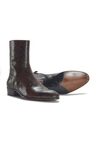 Cash Brown/Black Snakeskin Printed Leather Boots