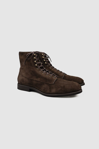 Barbanera Kerouac Balmoral boots in brown suede, front angle view showing lace-up closure